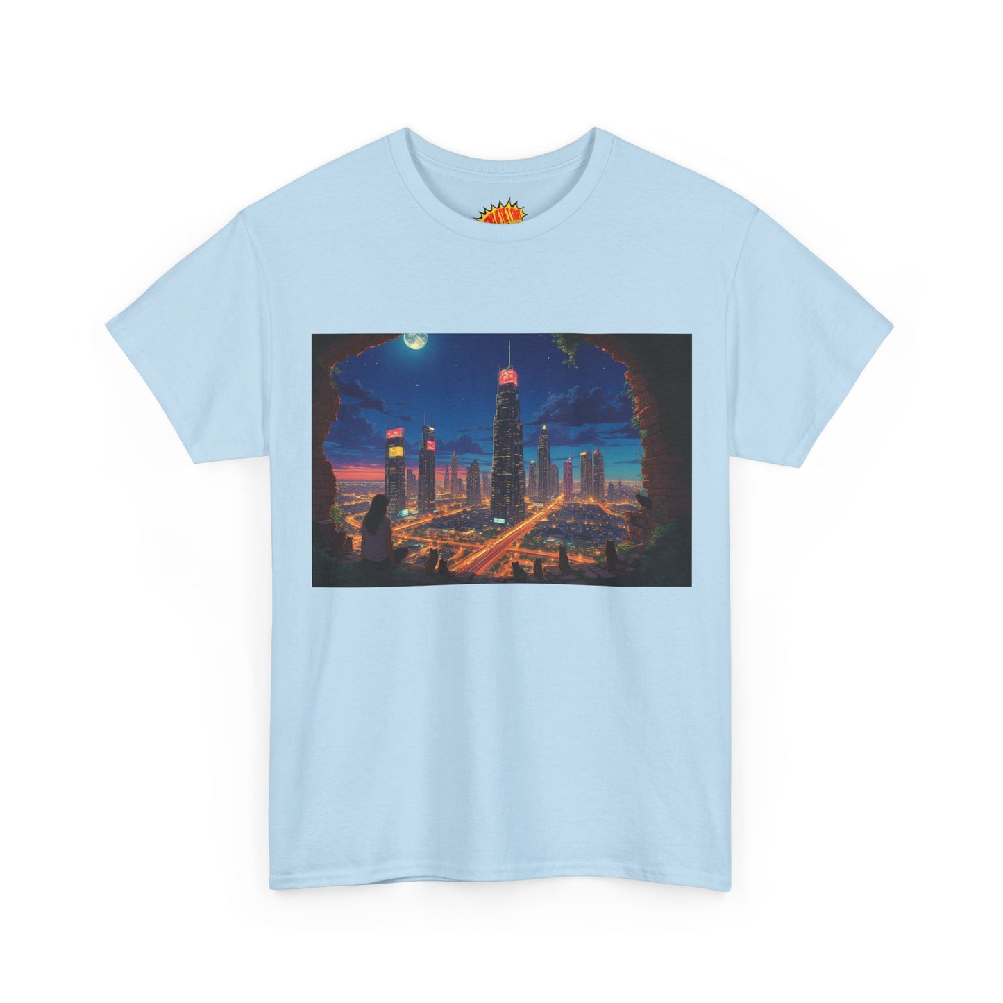 Anime Cityscape Night Scene w/Girl & Cats T-Shirt *Multiple Colors*