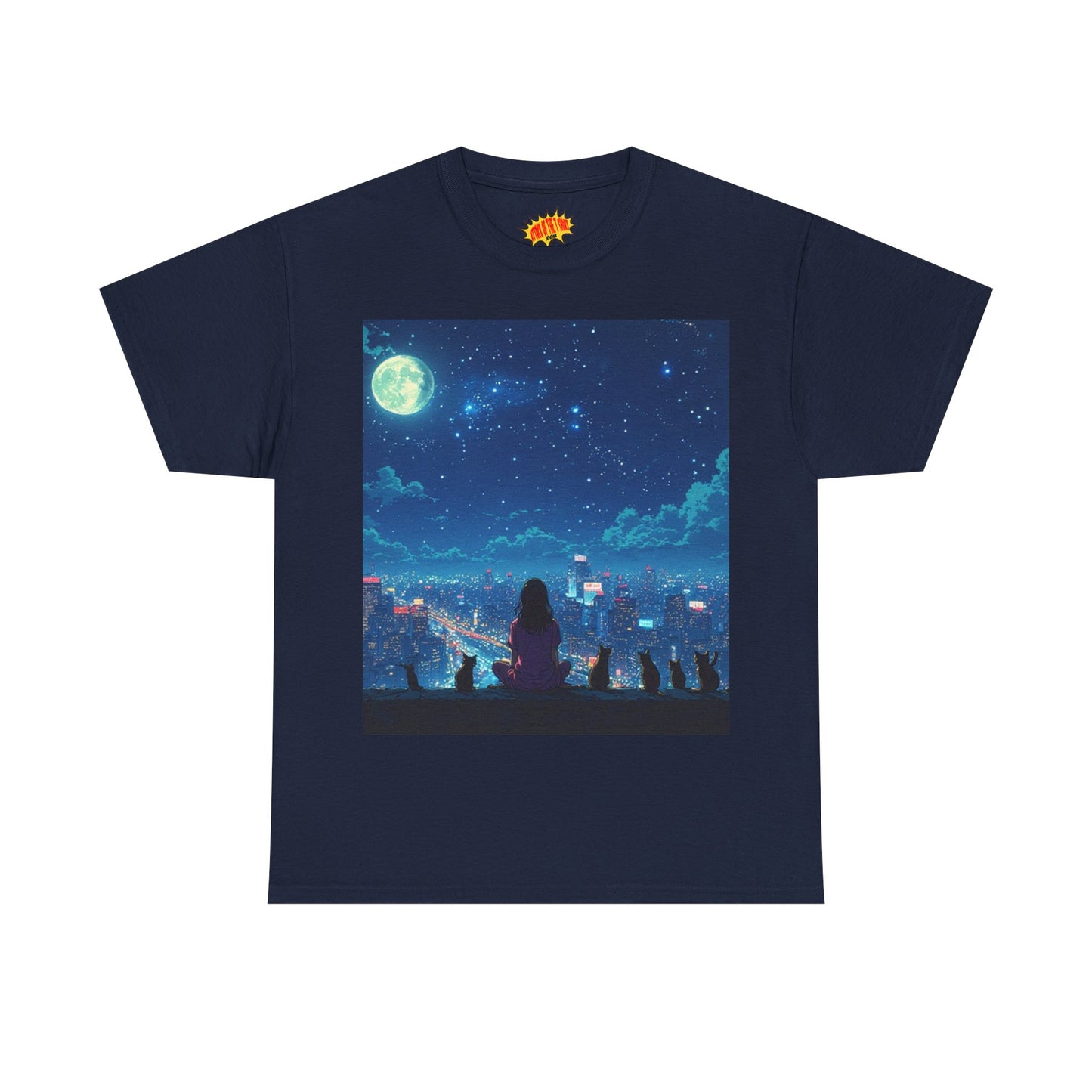 Anime Full Moon City Scene w/Girl & Cats T-Shirt *Multiple Colors*