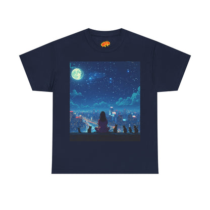 Anime Full Moon City Scene w/Girl & Cats T-Shirt