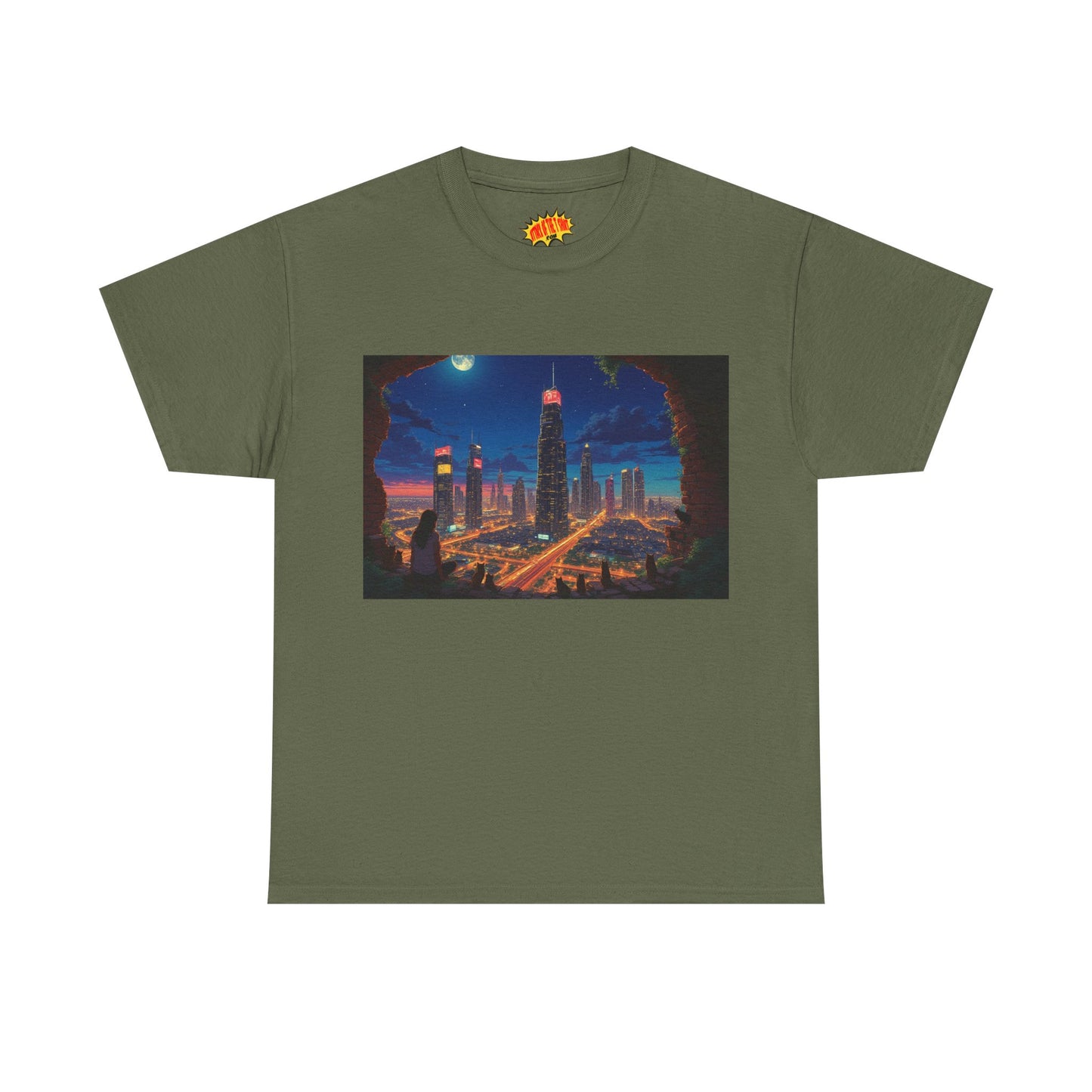Anime Cityscape Night Scene w/Girl & Cats T-Shirt *Multiple Colors*