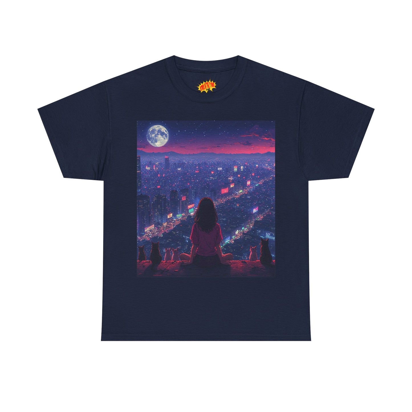 Anime City Neon Night Scene w/Girl & Cats T-Shirt *Multiple Colors*