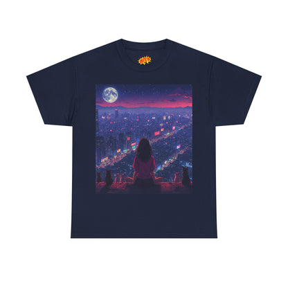 Anime City Neon Night Scene w/Girl & Cats T-Shirt