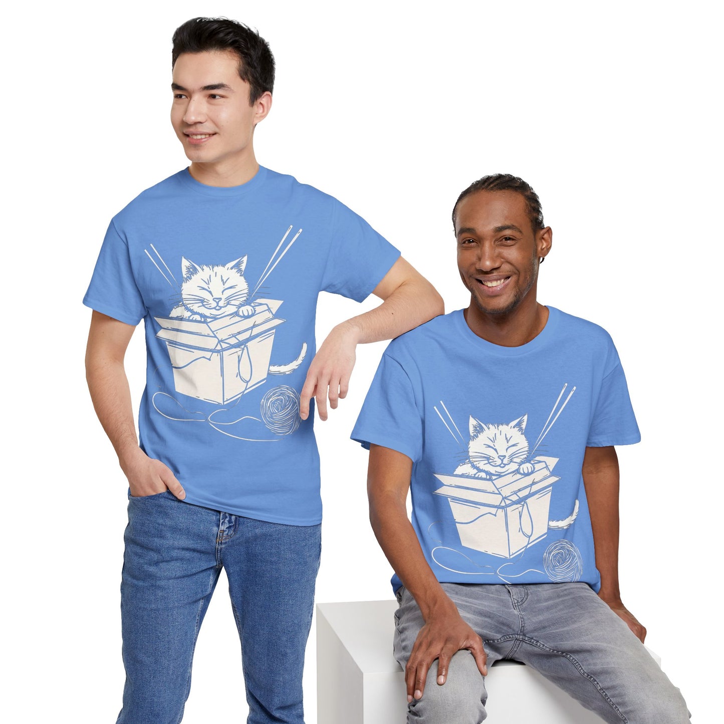 Cat w/Box + Yarn Ball Art Drawing Tee Shirt *Multiple Colors*