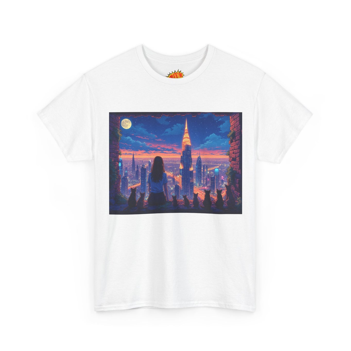 Anime Neon City Full Moon Scene w/Girl & Cats T-Shirt *Multiple Colors*