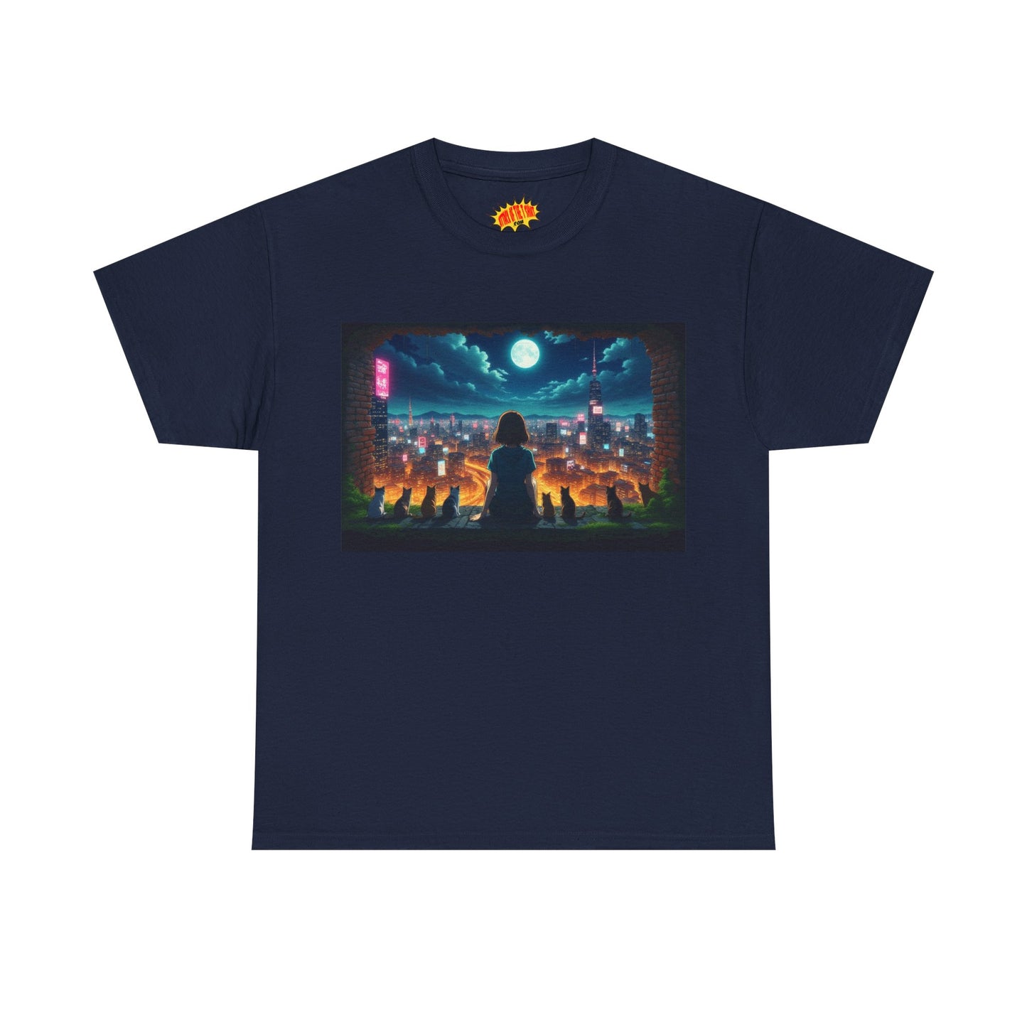Anime Neon City Night Scene w/Girl & Cats T-Shirt *Multiple Colors*