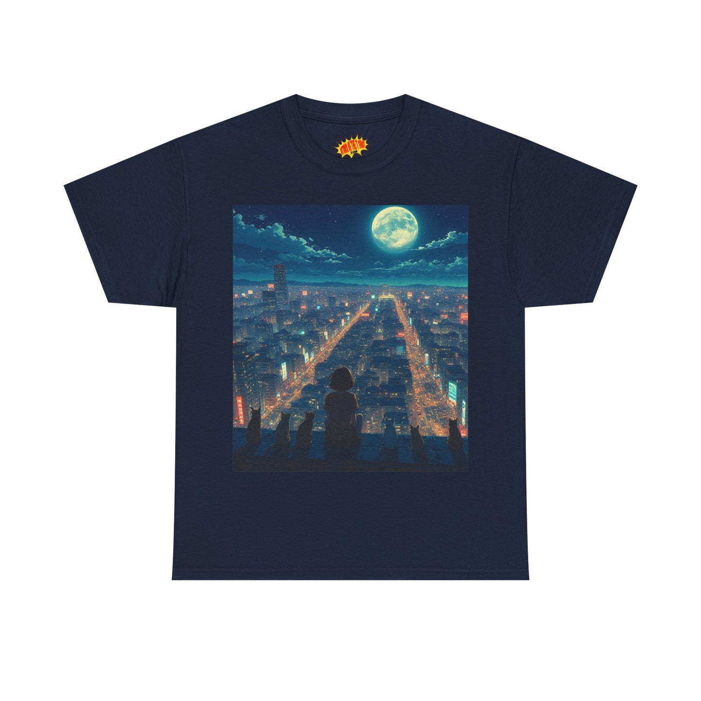 Anime City Full Moon Scene w/Girl & Cats T-Shirt *Multiple Colors*
