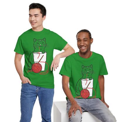 Cat w/Noodle Cup + Yarn Ball Art Drawing Tee Shirt