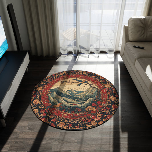 Oriental Style Rug w/Birds + Flowers - 60in Diameter Round Carpet 6
