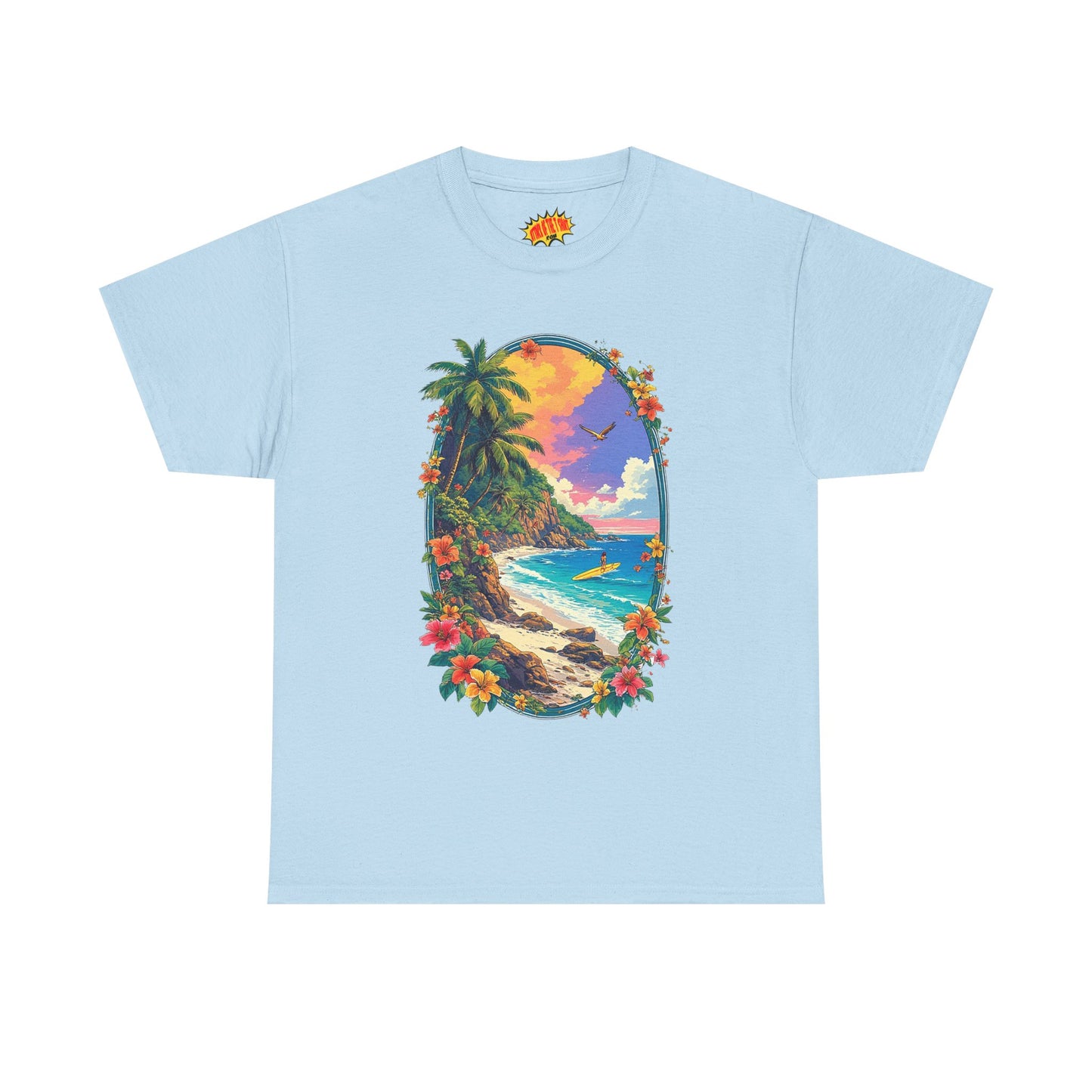Tropical Beach Scene w/Oval Floral Frame T-Shirt *Multiple Colors*