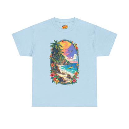 Tropical Beach Scene w/Oval Floral Frame T-Shirt