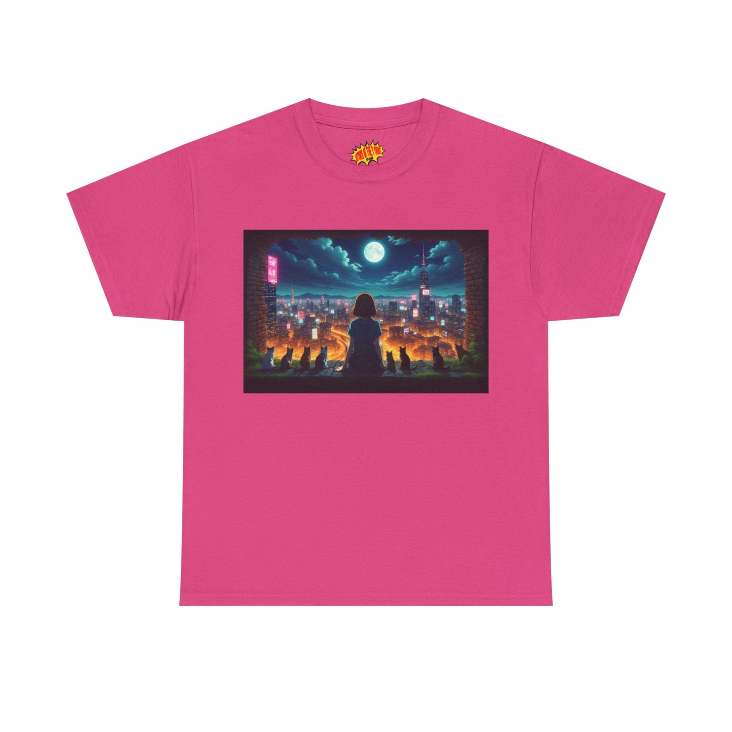 Anime Neon City Night Scene w/Girl & Cats T-Shirt *Multiple Colors*