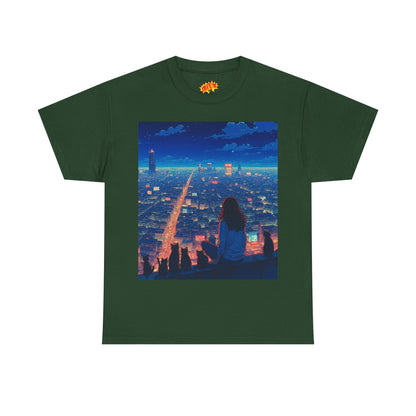 Anime Cityscape Night Sky Scene w/Girl & Cats T-Shirt