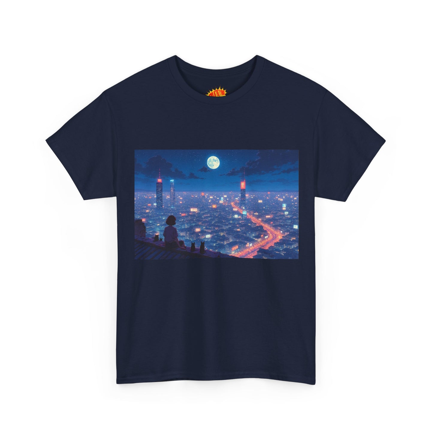 Anime Neon City Full Moon Scene w/Girl & Cats T-Shirt *Multiple Colors*
