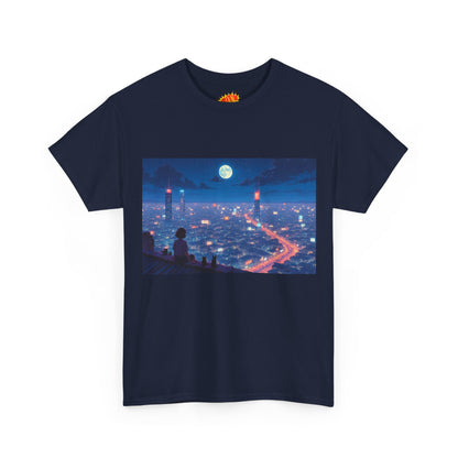 Anime Neon City Full Moon Scene w/Girl & Cats T-Shirt