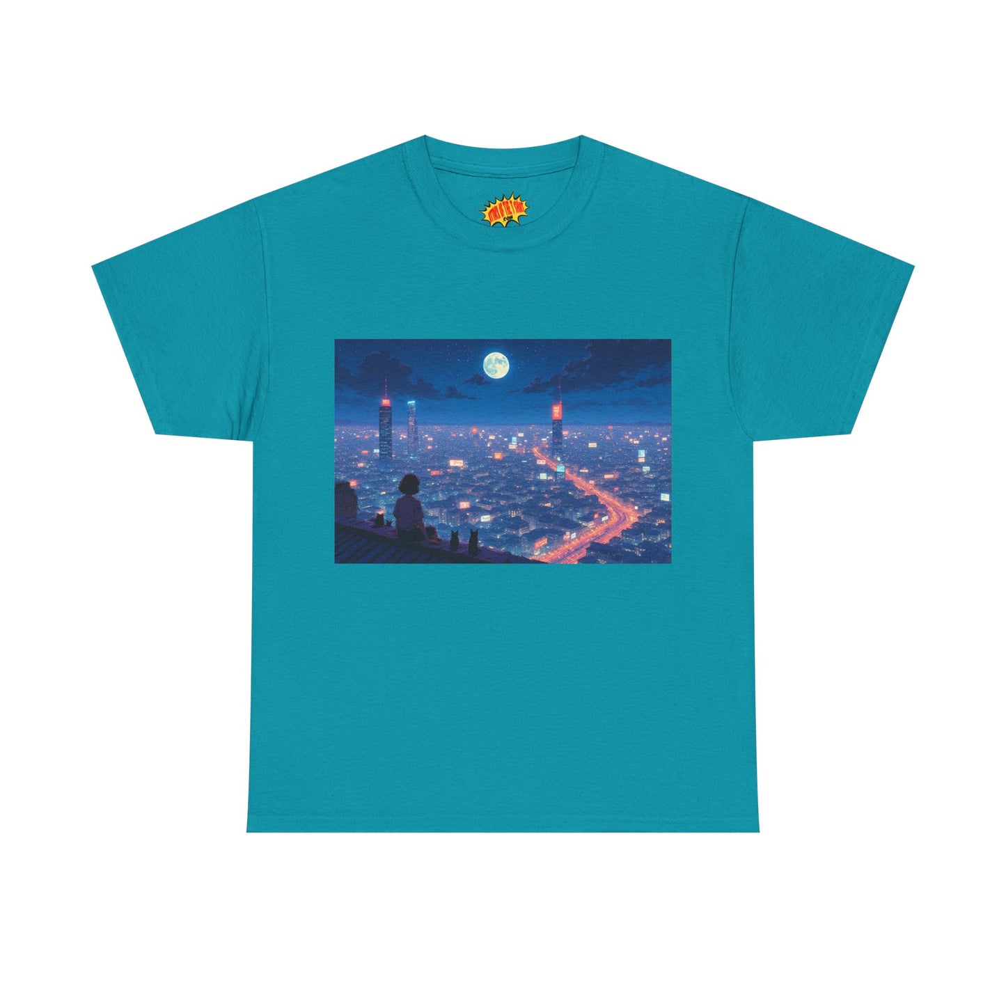 Anime Neon City Full Moon Scene w/Girl & Cats T-Shirt *Multiple Colors*