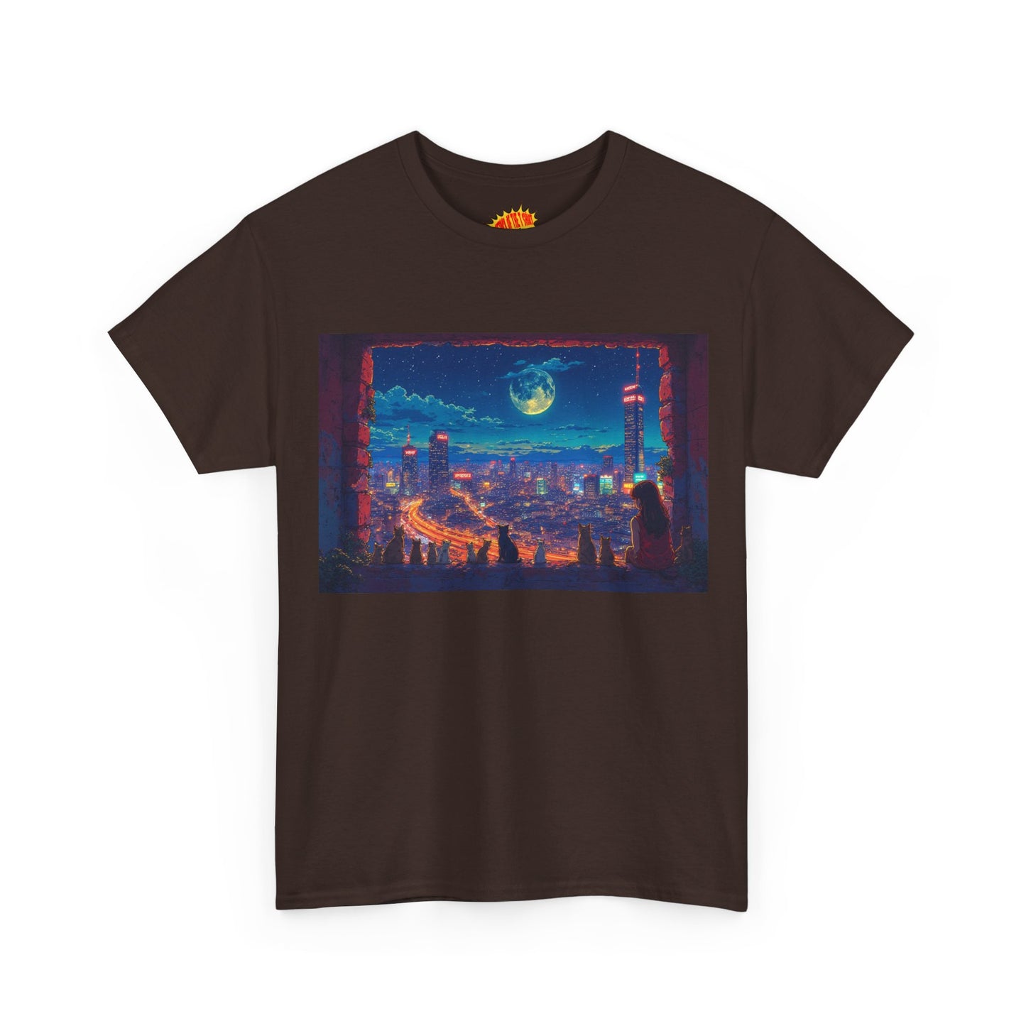 Anime Cityscape Night Scene w/Girl & Cats T-Shirt *Multiple Colors*