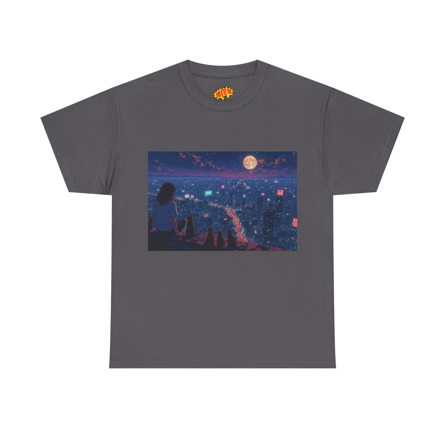 Anime Nighttime Cityscape w/Girl & Cats T-Shirt *Multiple Colors*