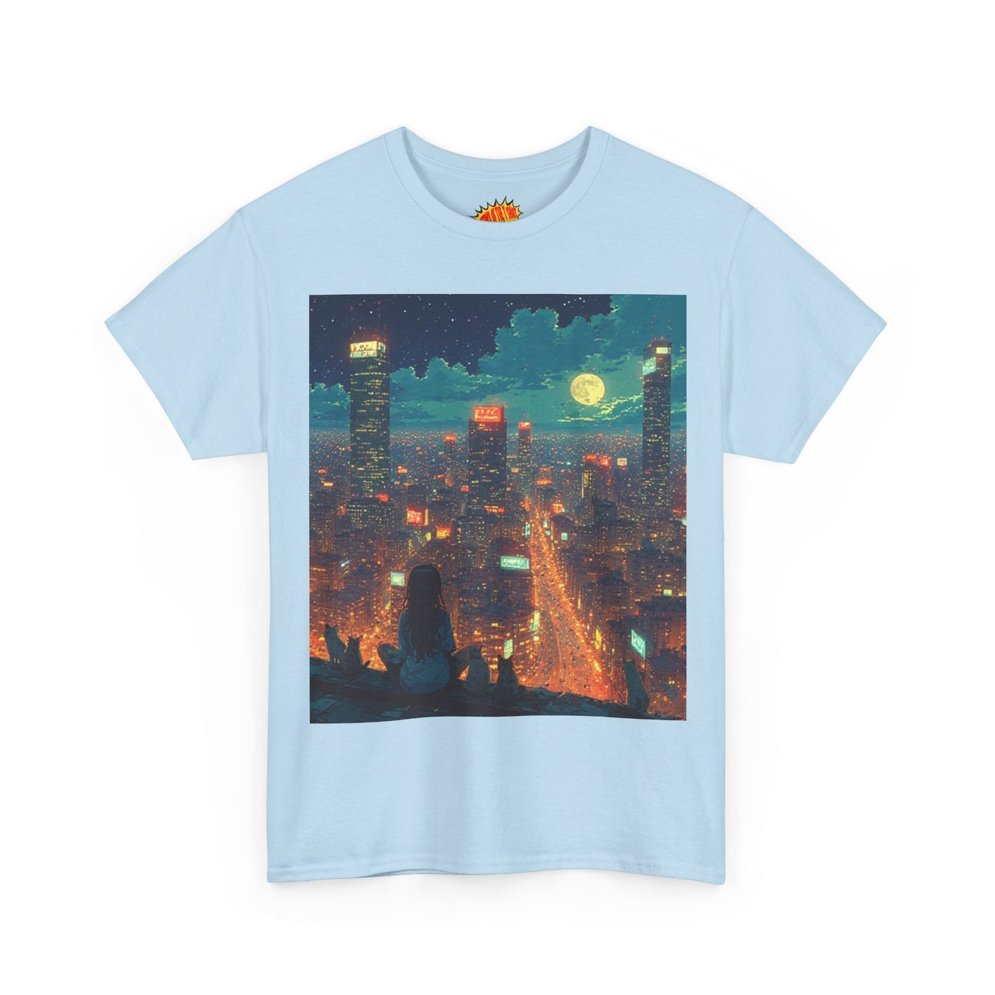 Nighttime Neon Anime Cityscape w/Girl & Cats T-Shirt *Multiple Colors*