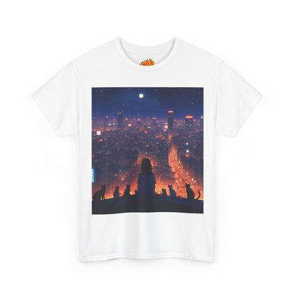 Neon City Anime Nighttime Scene w/Girl & Cats T-Shirt