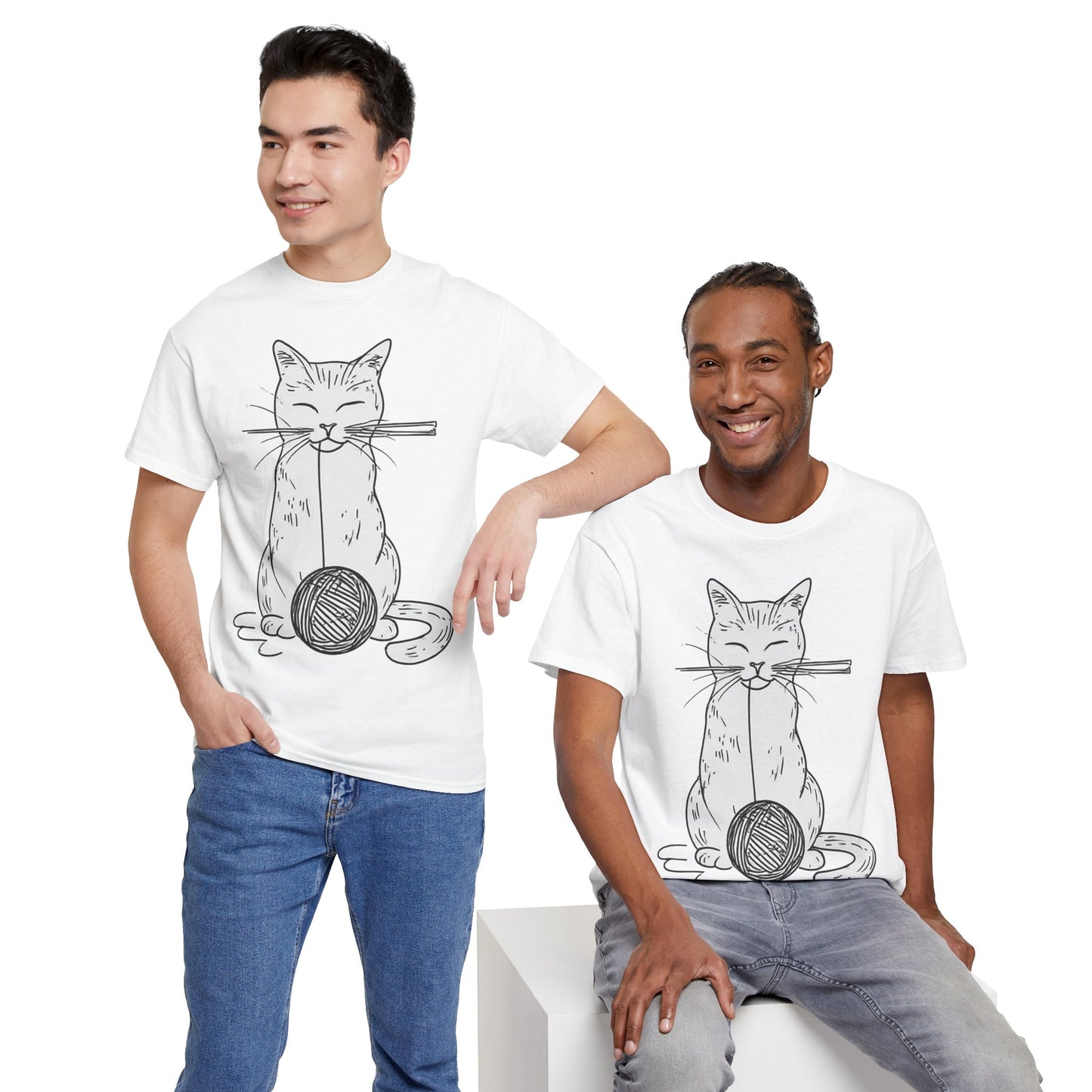 White Cat w/Yarn Ball Art Drawing Tee Shirt *Multiple Colors*