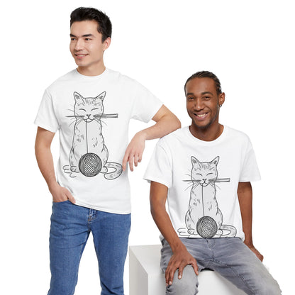 White Cat w/Yarn Ball Art Drawing Tee Shirt