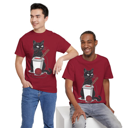 Black Cat w/Noodles + Yarn Ball Art Drawing Tee Shirt