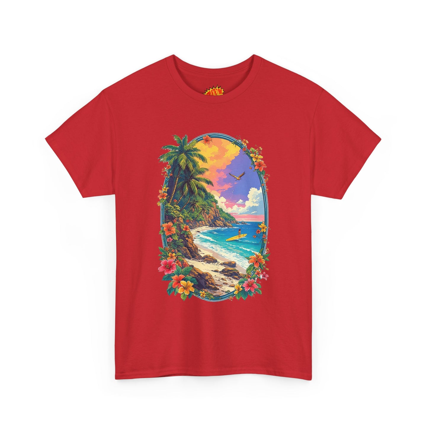 Tropical Beach Scene w/Oval Floral Frame T-Shirt *Multiple Colors*