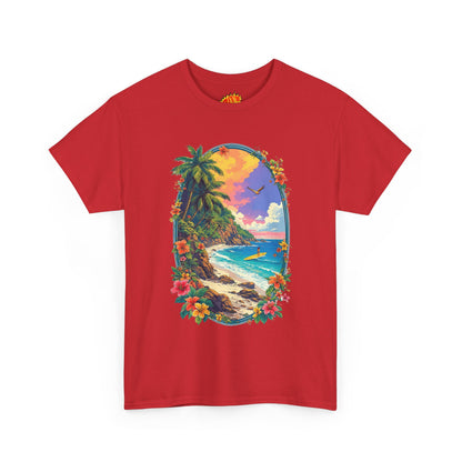 Tropical Beach Scene w/Oval Floral Frame T-Shirt