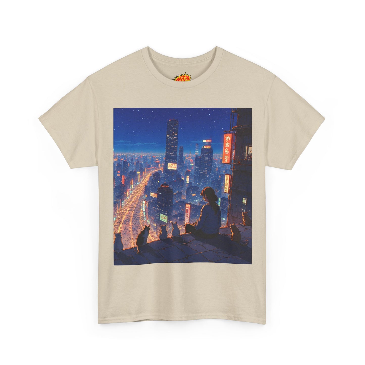 Neon Anime City Night Scene w/Girl & Cats T-Shirt *Multiple Colors*
