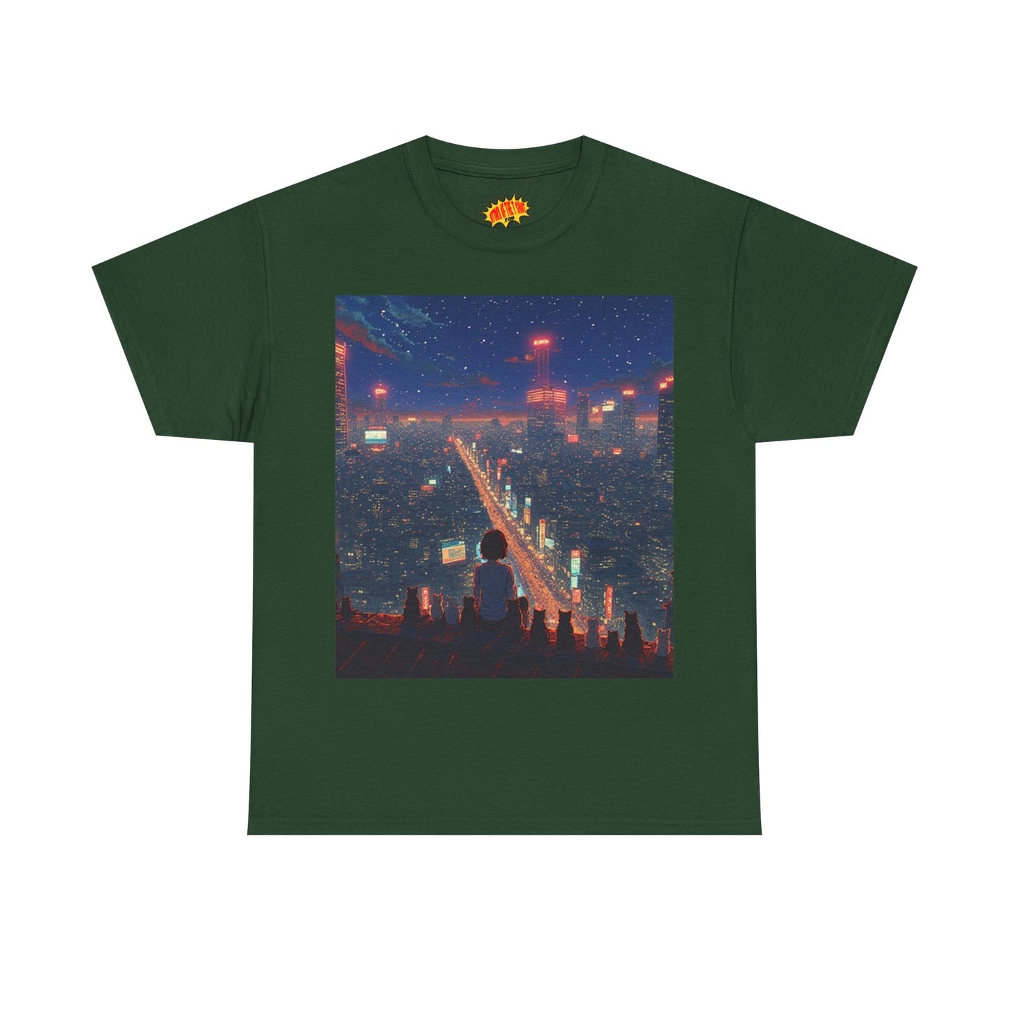 Nighttime Neon Anime City Scene w/Girl & Cats T-Shirt *Multiple Colors*