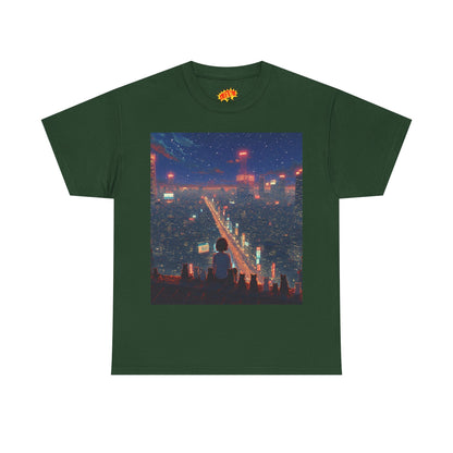 Nighttime Neon Anime City Scene w/Girl & Cats T-Shirt