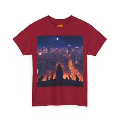 Neon City Anime Nighttime Scene w/Girl & Cats T-Shirt