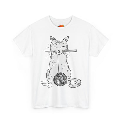 White Cat w/Yarn Ball Art Drawing Tee Shirt
