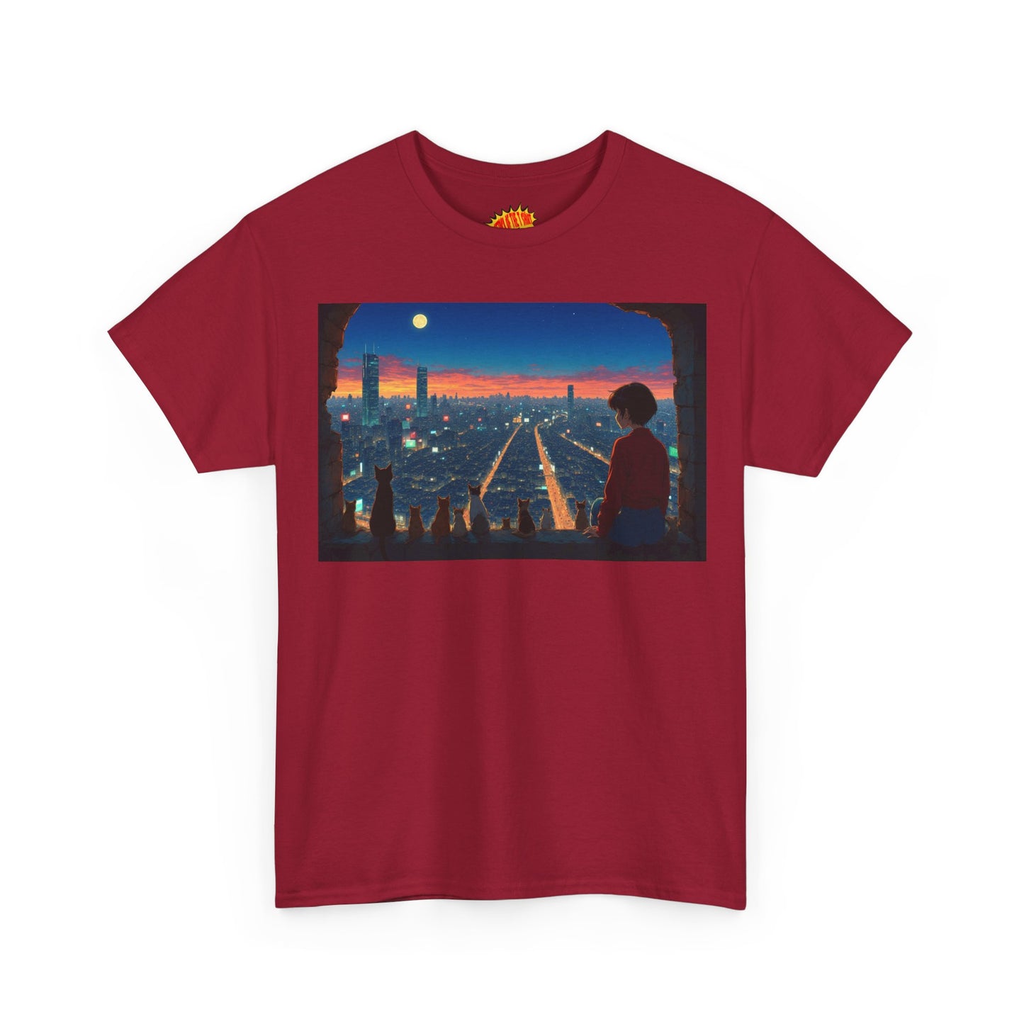 Neon Cityscape Anime Scene w/Girl & Cats T-Shirt *Multiple Colors*
