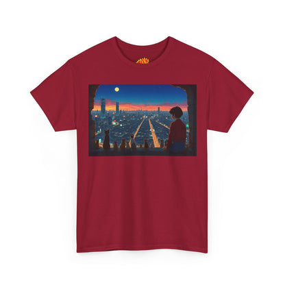 Neon Cityscape Anime Scene w/Girl & Cats T-Shirt