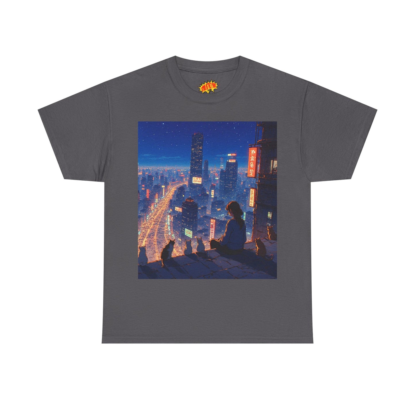 Neon Anime City Night Scene w/Girl & Cats T-Shirt *Multiple Colors*