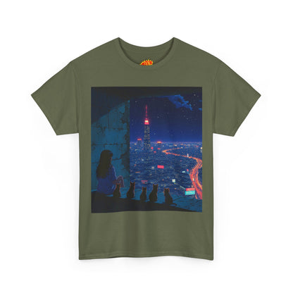 Anime Cityscape Night Scene w/Girl & Cats T-Shirt