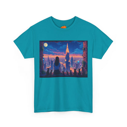 Anime Neon City Full Moon Scene w/Girl & Cats T-Shirt