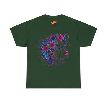 Multicolor Line Drawing Human Flower Graphic Art Tee Shirt