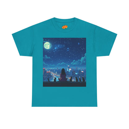 Anime Full Moon City Scene w/Girl & Cats T-Shirt