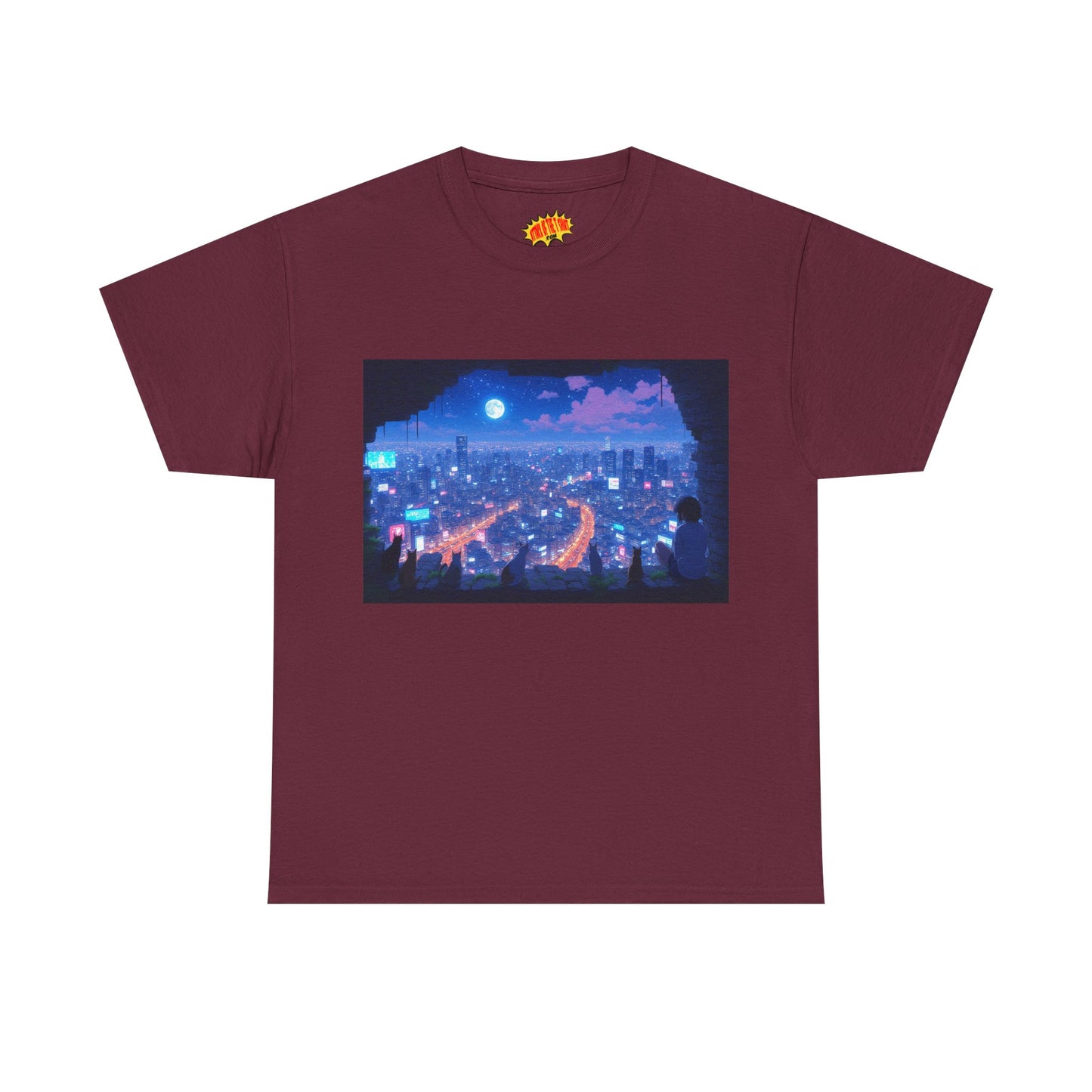 Anime Neon Cityscape Night Scene w/Girl & Cats T-Shirt *Multiple Colors*