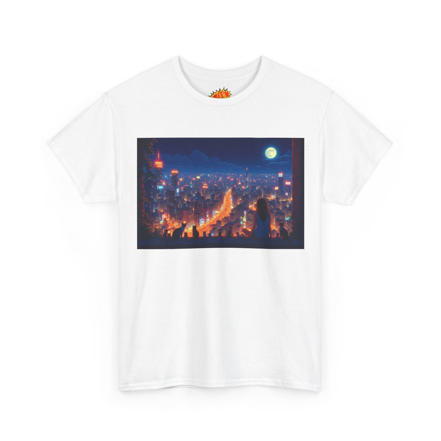 Anime City Night Scene w/Girl & Cats T-Shirt *Multiple Colors*
