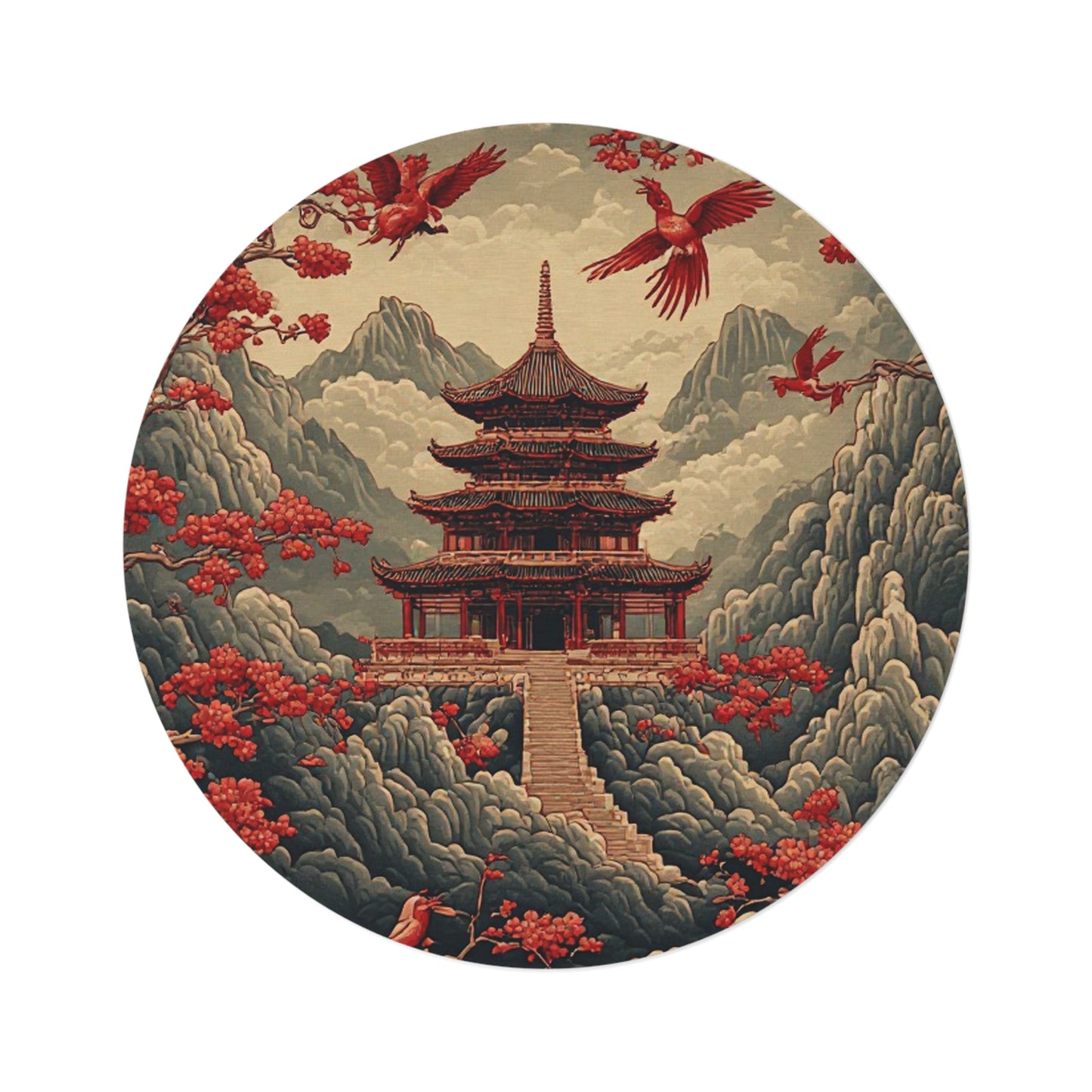 Oriental Style Rug w/Birds + Flowers - 60in Diameter Round Carpet 8