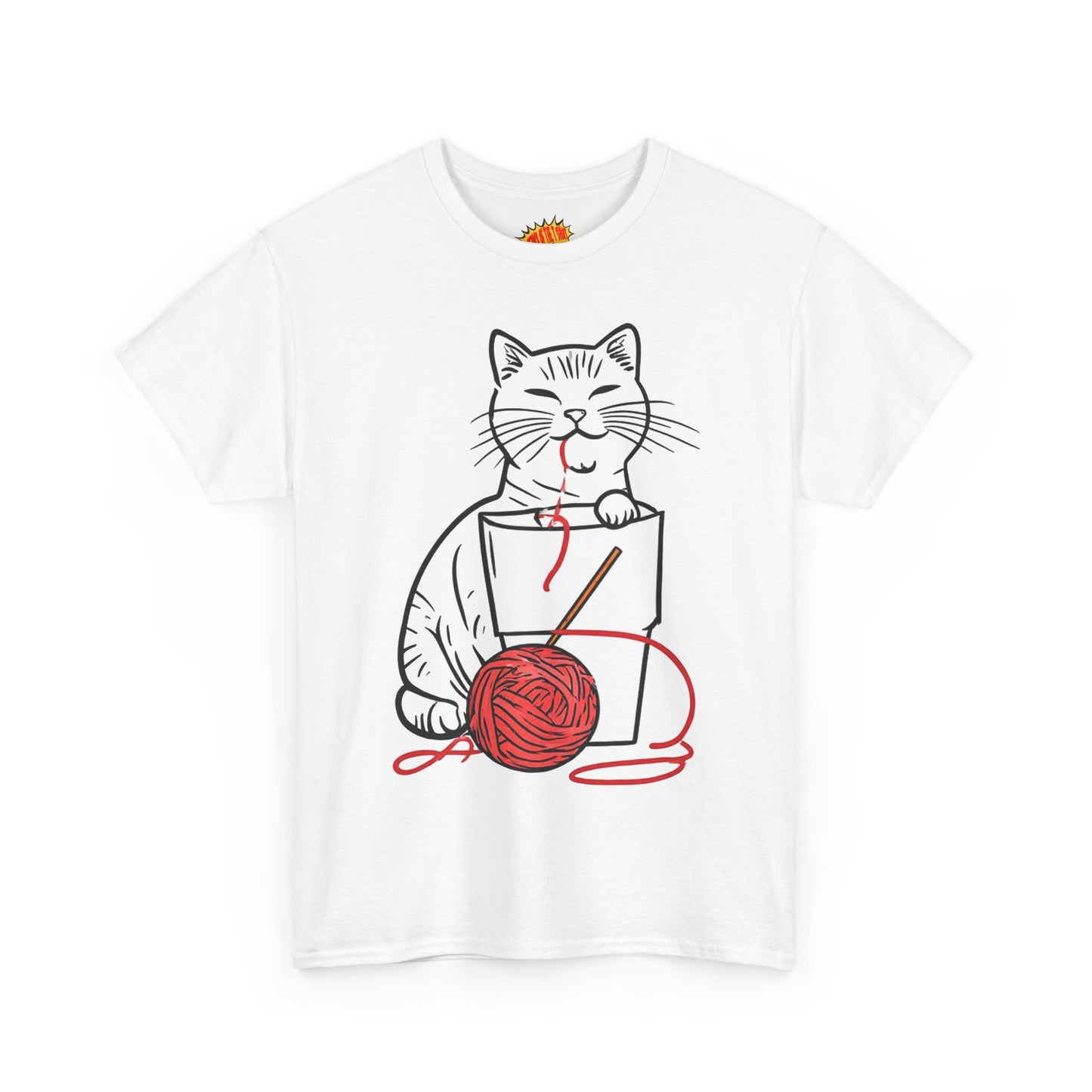 Cat w/Noodle Cup + Yarn Ball Art Drawing Tee Shirt *Multiple Colors*