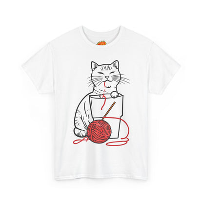 Cat w/Noodle Cup + Yarn Ball Art Drawing Tee Shirt