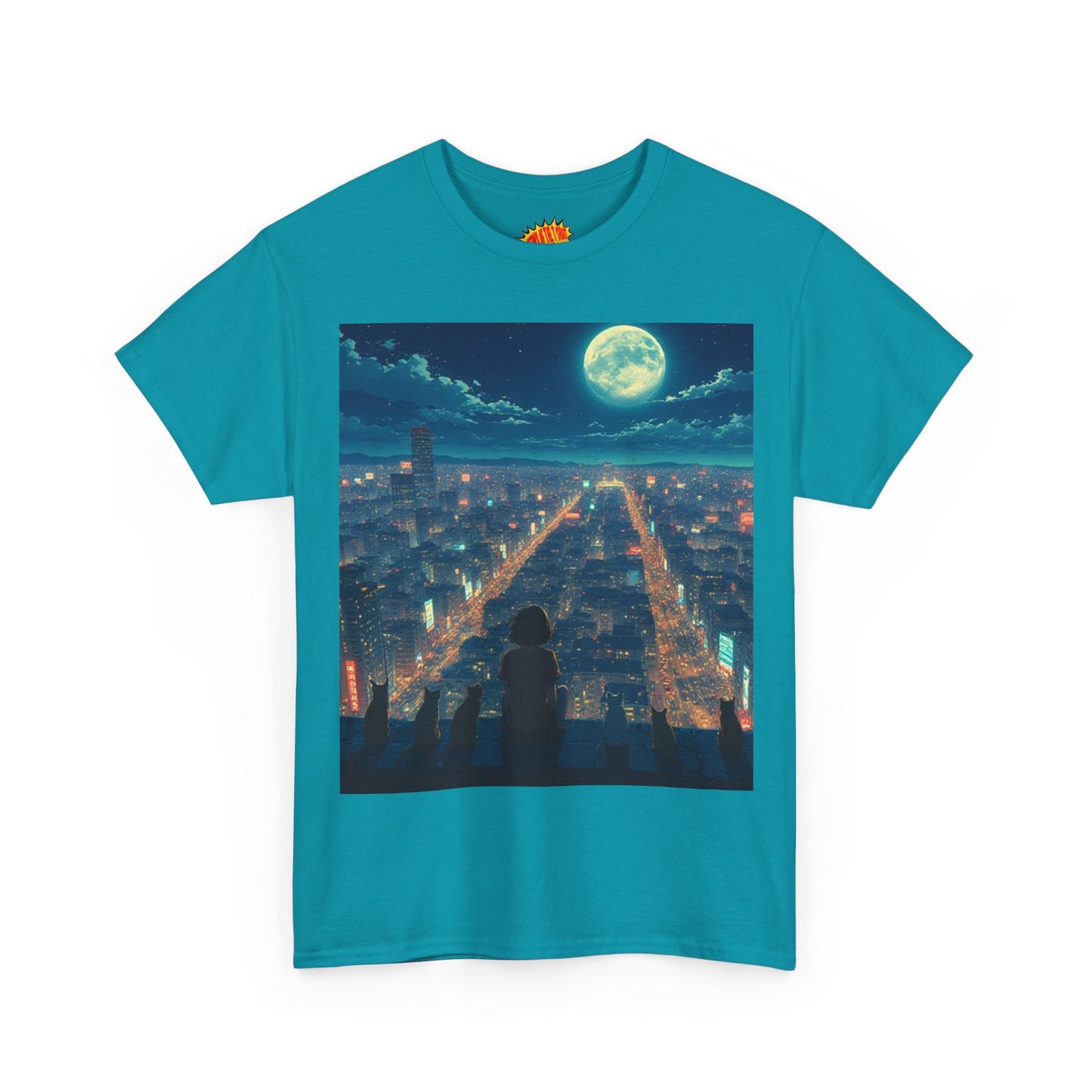 Anime City Full Moon Scene w/Girl & Cats T-Shirt *Multiple Colors*