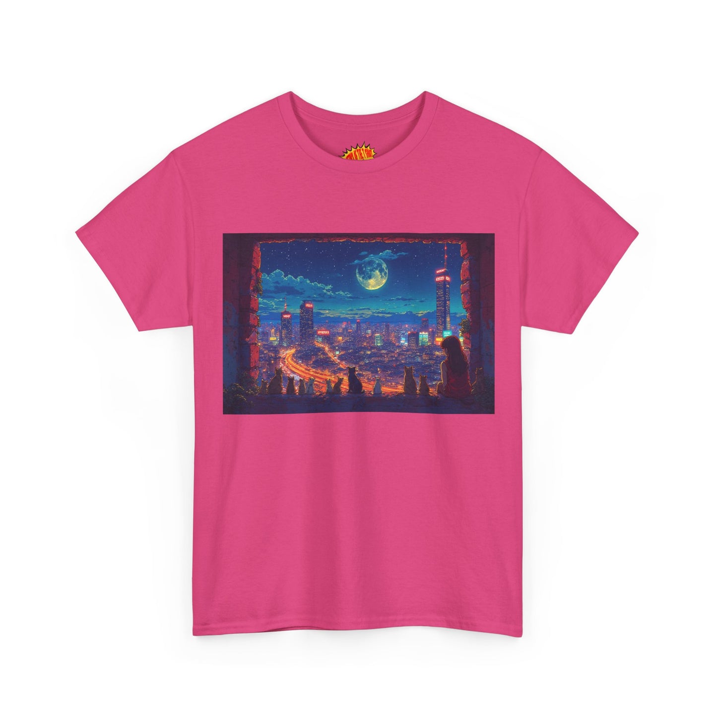 Anime Cityscape Night Scene w/Girl & Cats T-Shirt *Multiple Colors*