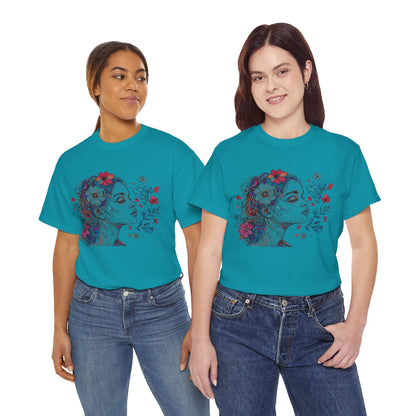 Multicolor Line Drawing Human Graphic Flower Art Tee Shirt
