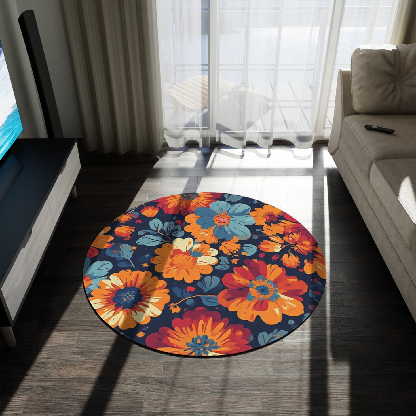 Retro Flower Pattern 60's/70's Style Area Rug - 60in Diameter Round Rug 4
