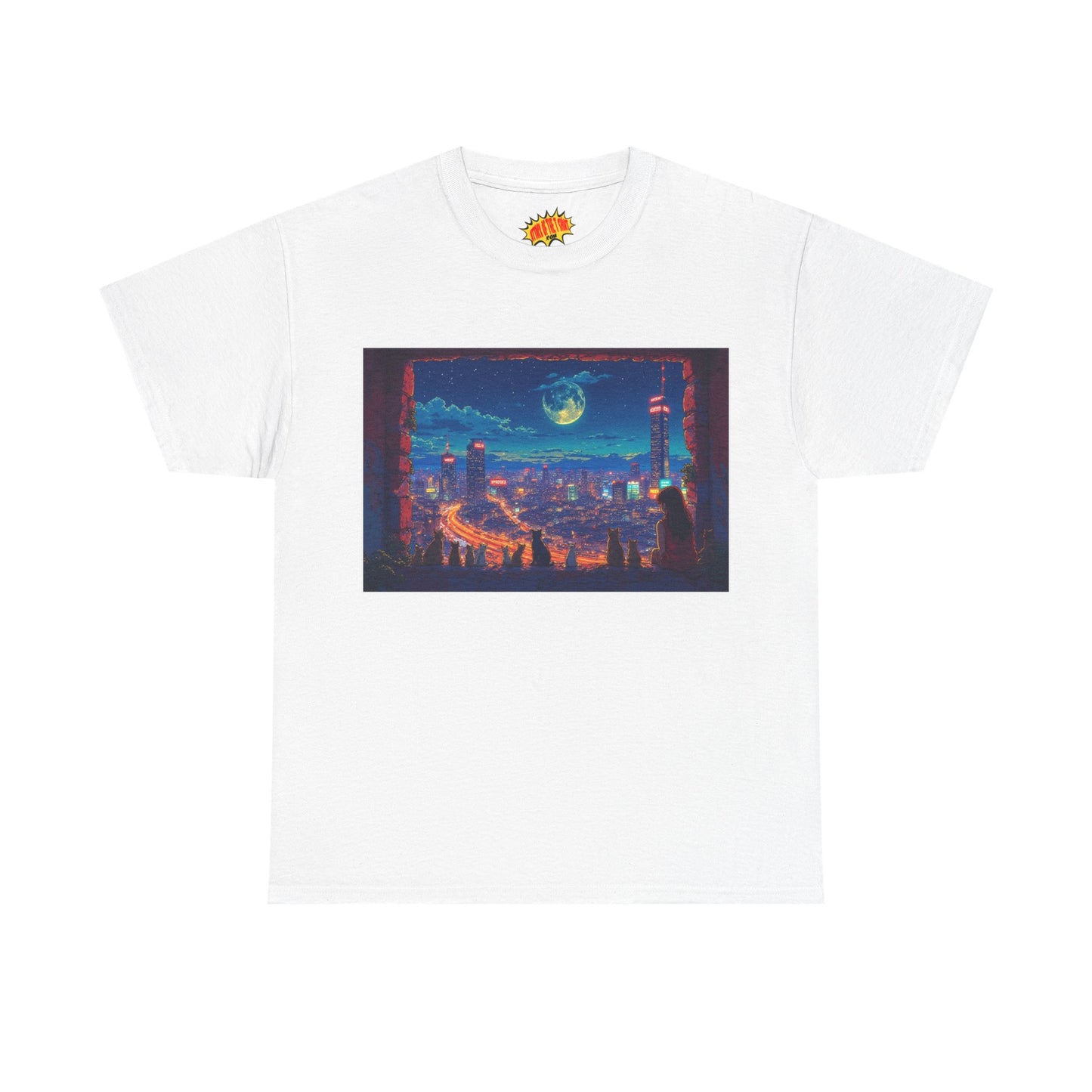 Anime Cityscape Night Scene w/Girl & Cats T-Shirt *Multiple Colors*